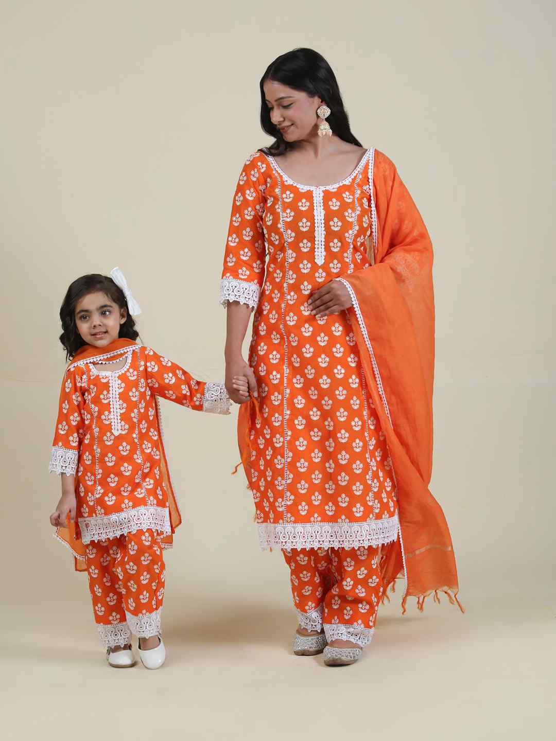 Cotton Orange Kurta set with chanderi dupatta With lace work all over