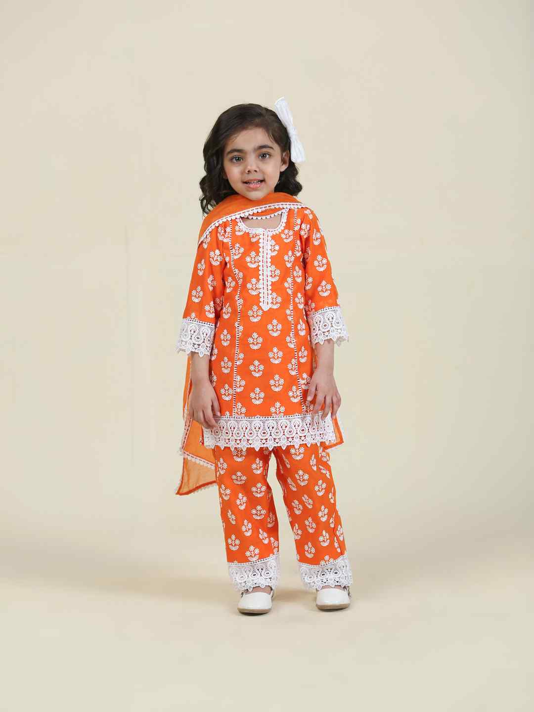 Cotton Orange Kurta set with chanderi dupatta With lace work all over