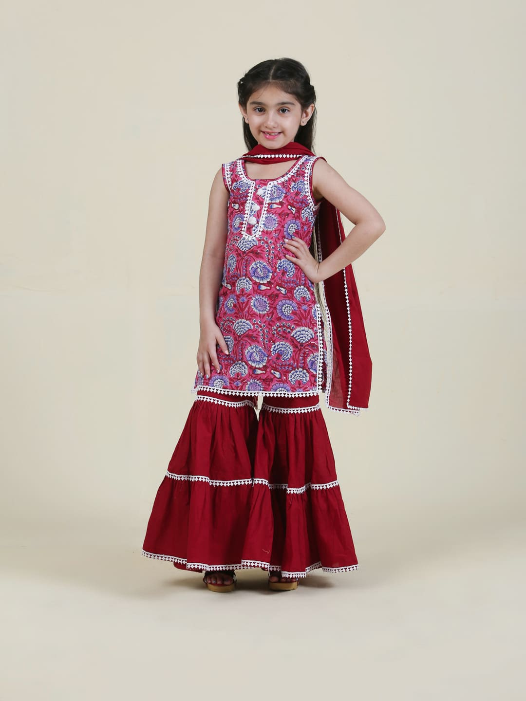 Beautiful Lace work Handblock Cotton suit with straight pants