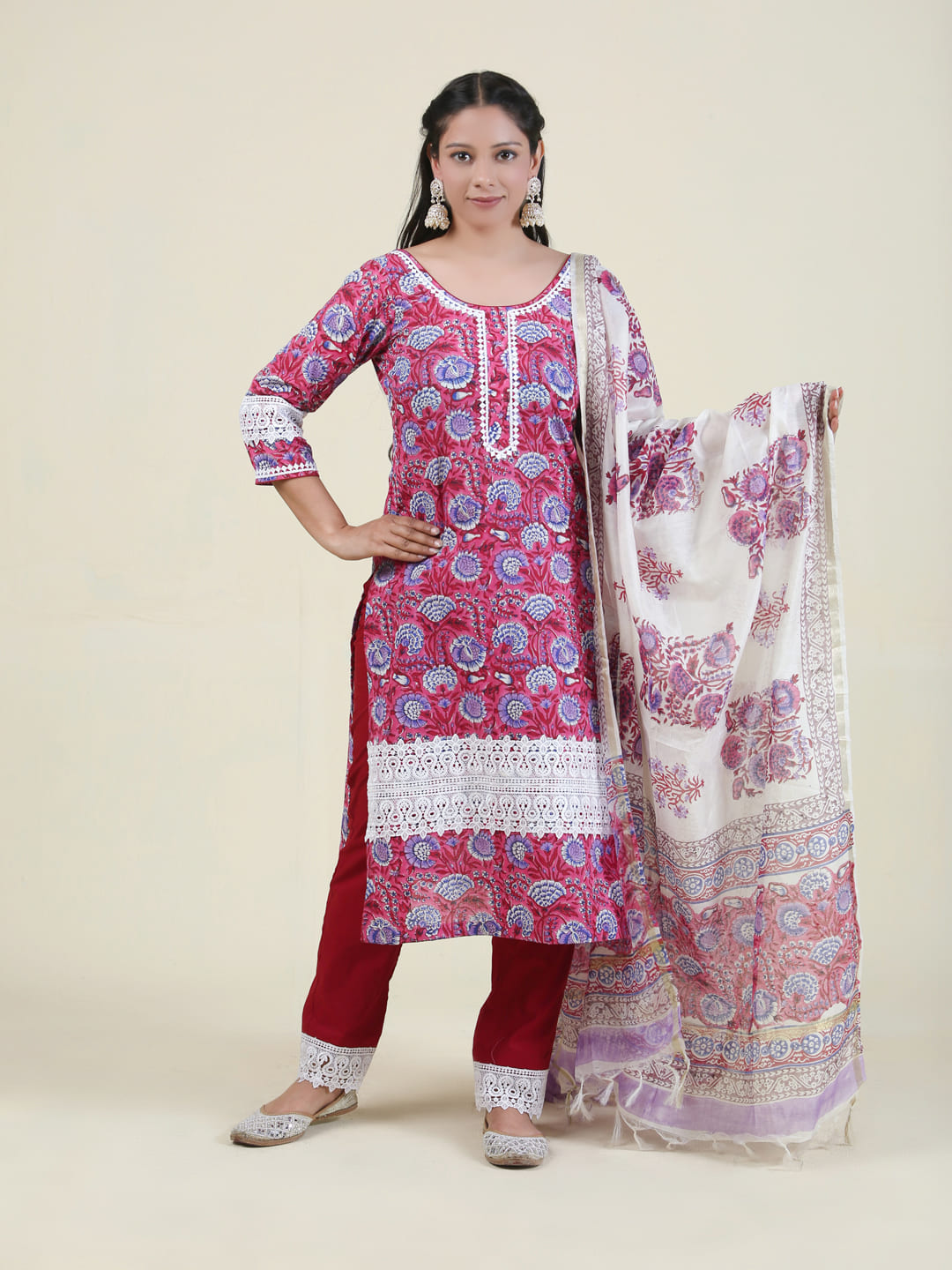 Beautiful Lace work Handblock Cotton suit with straight pants