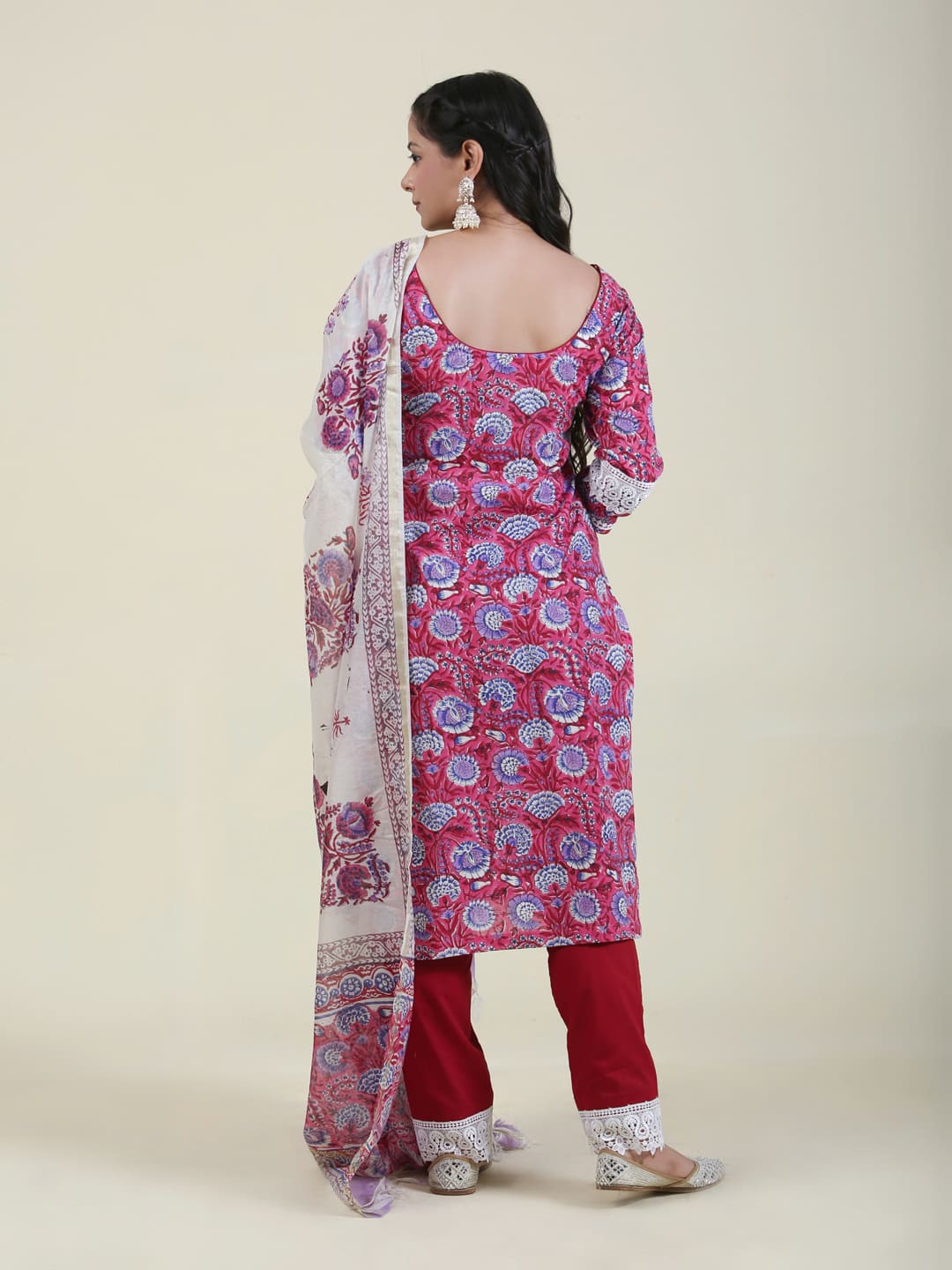 Beautiful Lace work Handblock Cotton suit with straight pants