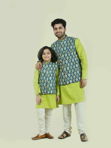 Teal Blue Cotton Nehru Jacket with green kurta Set