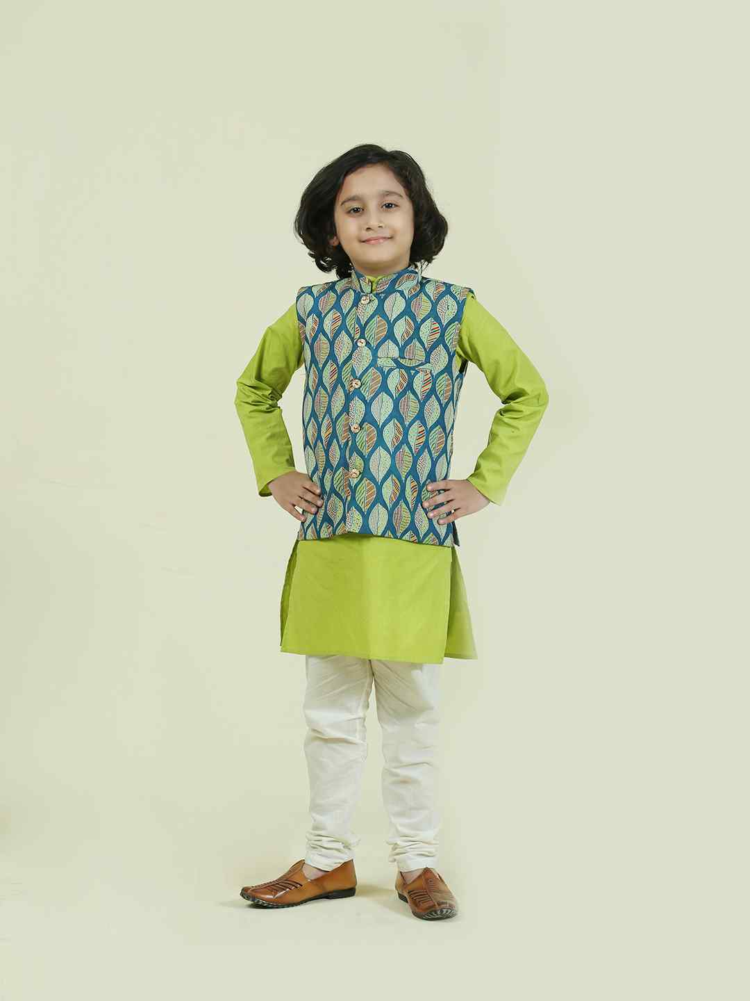 Teal Blue Cotton Nehru Jacket with green kurta Set