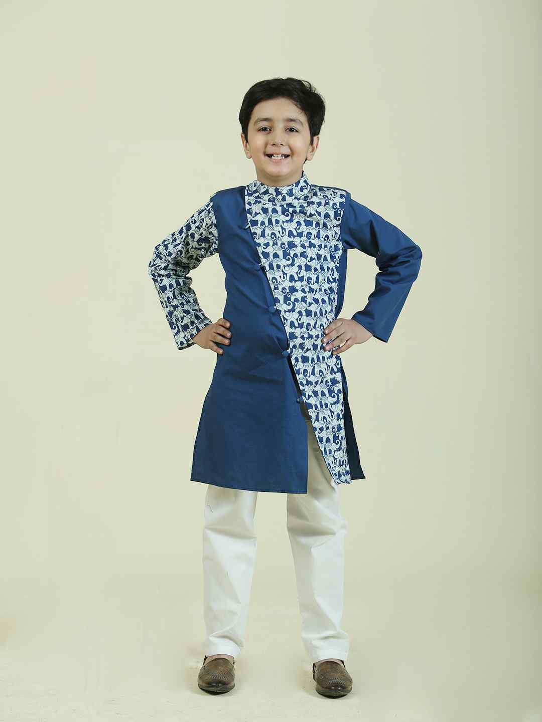 Cotton Elephant print Kurta with white pajama Set