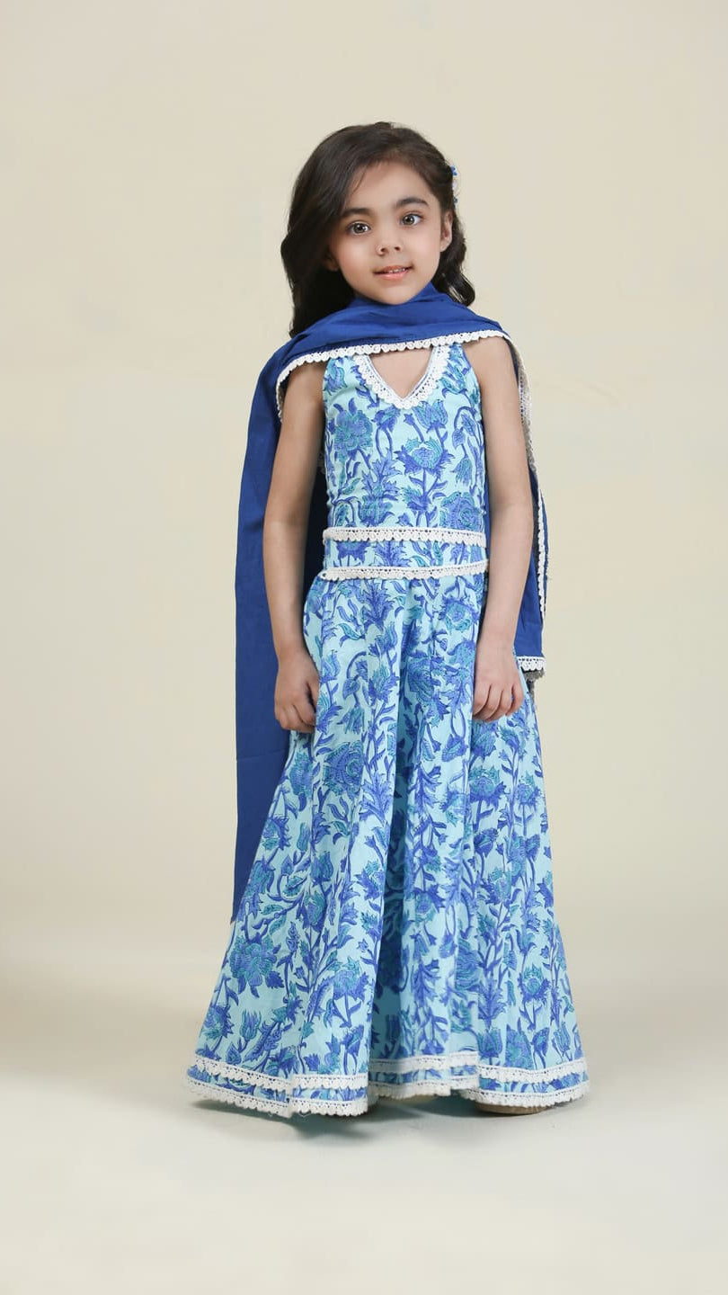 Handblock Cotton suit with Afghani Pants and Lehenga