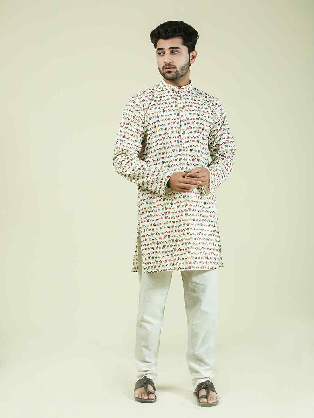 Off White Cotton kurta with multi color camel print Set