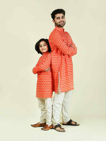 Orange Cotton Elephant Print Kurta Pajama Set