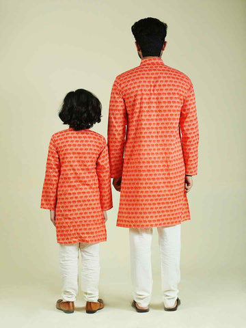 Orange Cotton Elephant Print Kurta Pajama Set