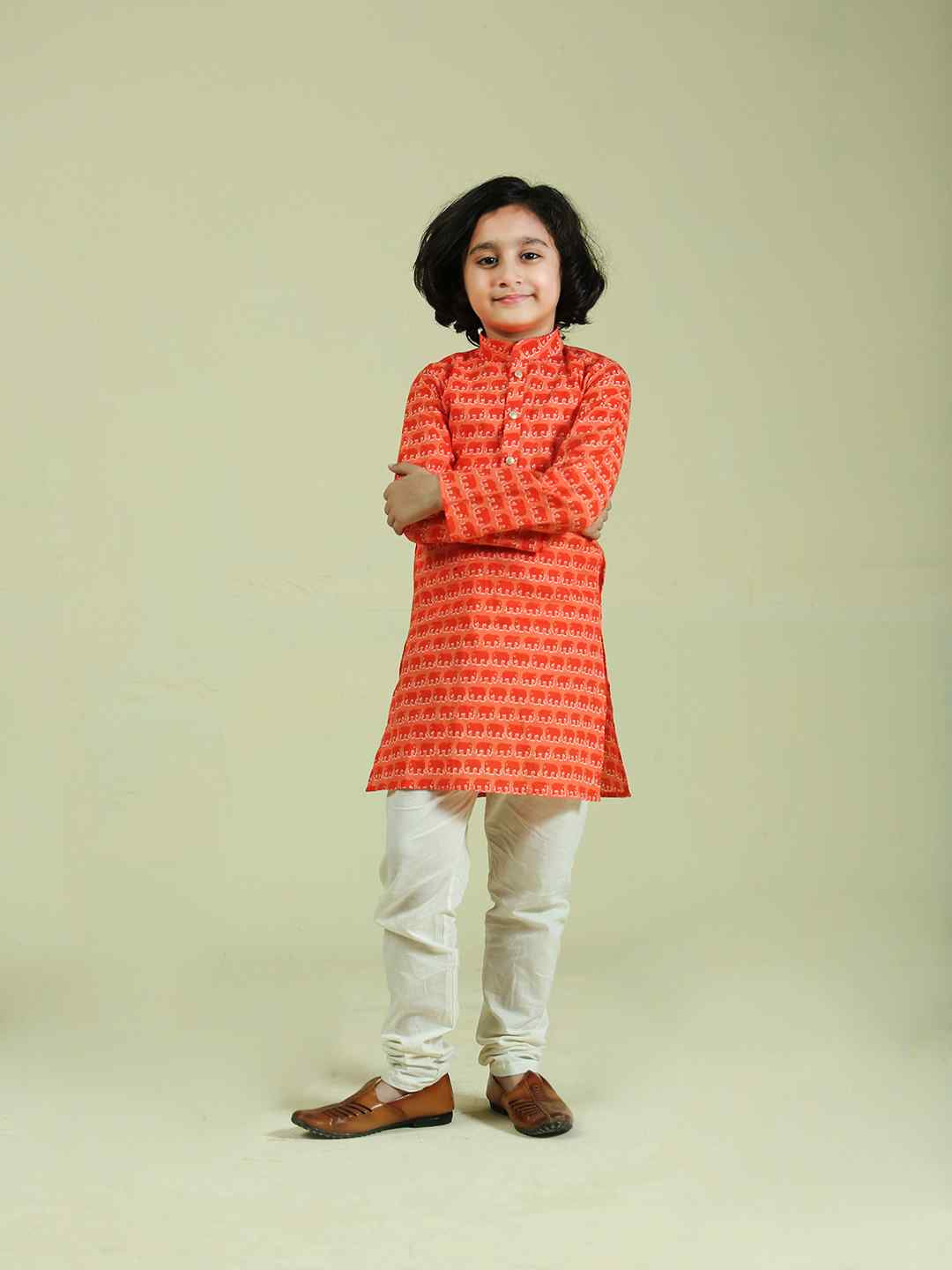 Orange Cotton Elephant Print Kurta Pajama Set