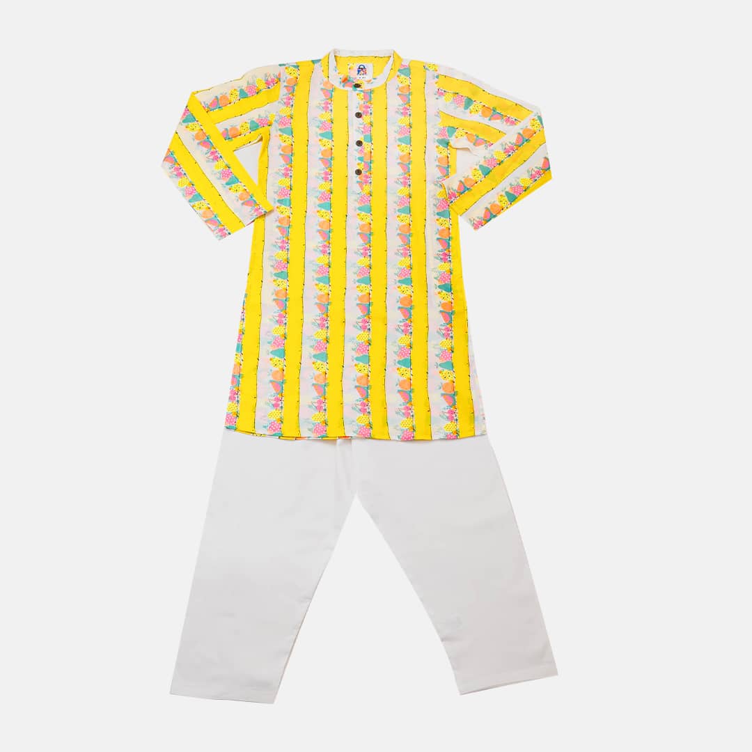 Yellow with Fruits Print Kurta Pajama  Set