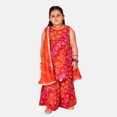 Bandhej Cotton Print Peplum Kurta with Sharara, Orange & Hot Pink
