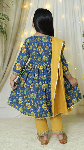 Blue Floral Print Cotton Kurta With straight Pants and Yellow dupatta