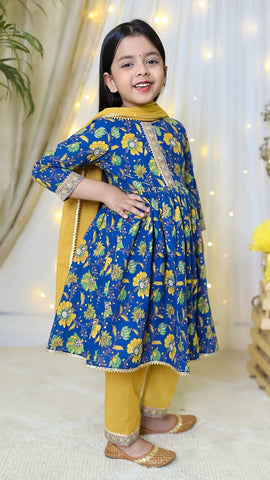 Blue Floral Print Cotton Kurta With straight Pants and Yellow dupatta