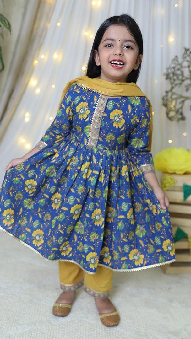 Blue Floral Print Cotton Kurta With straight Pants and Yellow dupatta