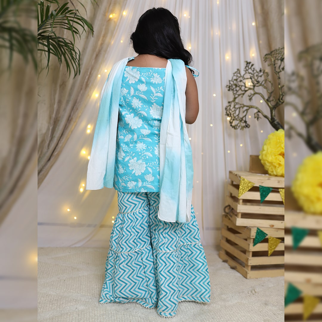 Sky Blue Cotton Strap Sleeves kurta and Sharara Set with Dupatta