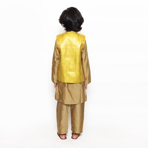 Silk Yellow and golden Kurta Pajama And Nehru Jacket Set