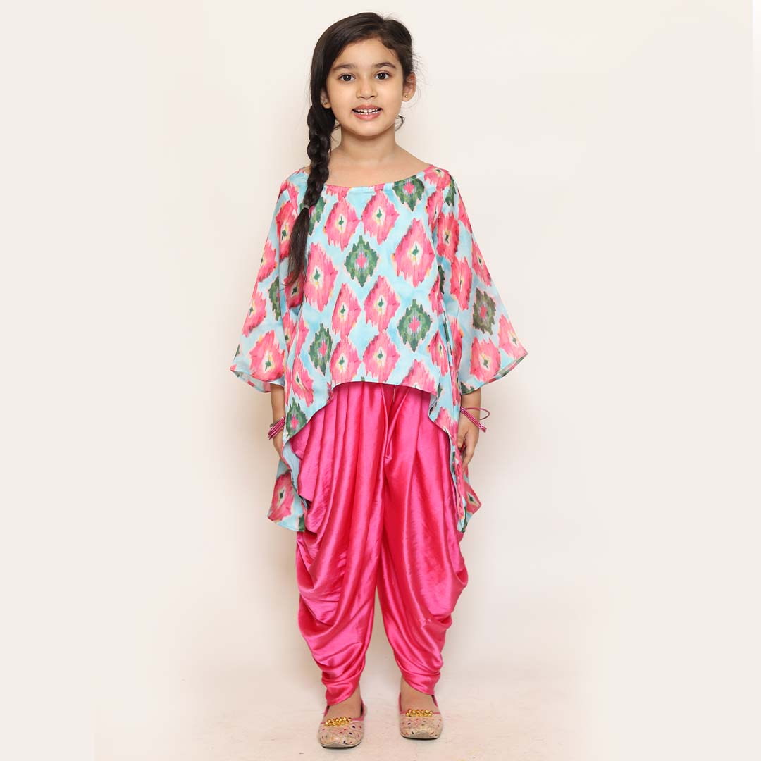 Light Blue and Pink Print Satin high lowShirt And Dhoti Pants Set