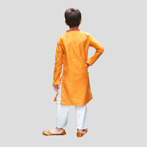 Cotton Silk Kurta Pajama Set, Yellow & Red