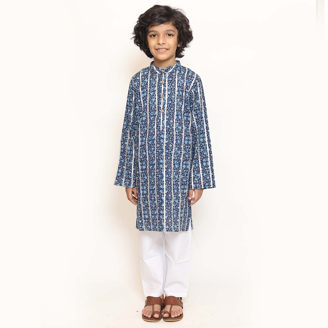 Blue Cotton Print Kurta Pajama set