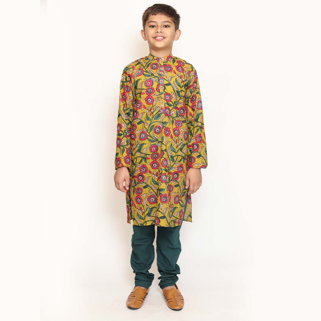 Green Floral Print Cotton Kurta Pajama set