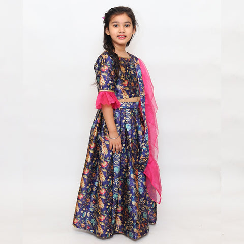 Blue Peacock print  Lehenga Choli Set with an layered Organza dupatta