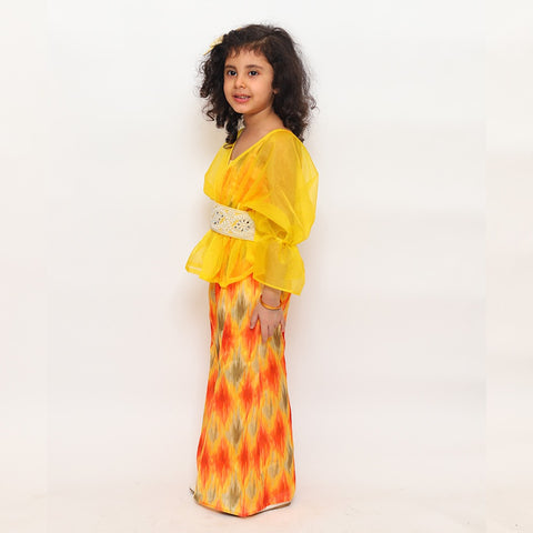 Yellow & Orange Satin Print pants and top with an Organza Cape for Girls