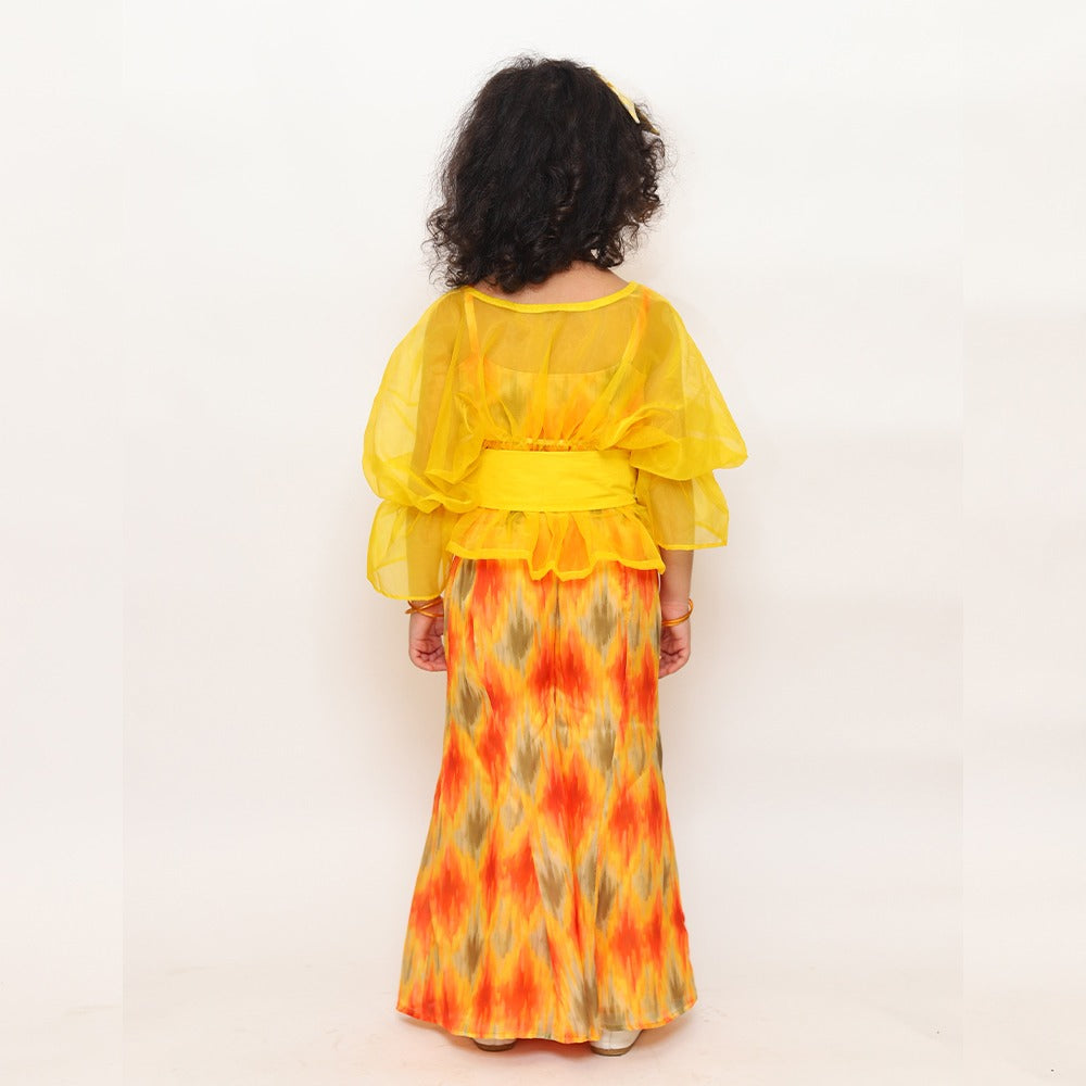 Yellow & Orange Satin Print pants and top with an Organza Cape for Girls