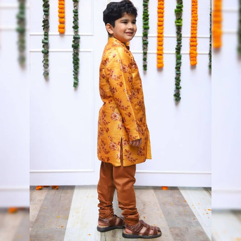 Mustard Yellow-Brown floral print sherwani