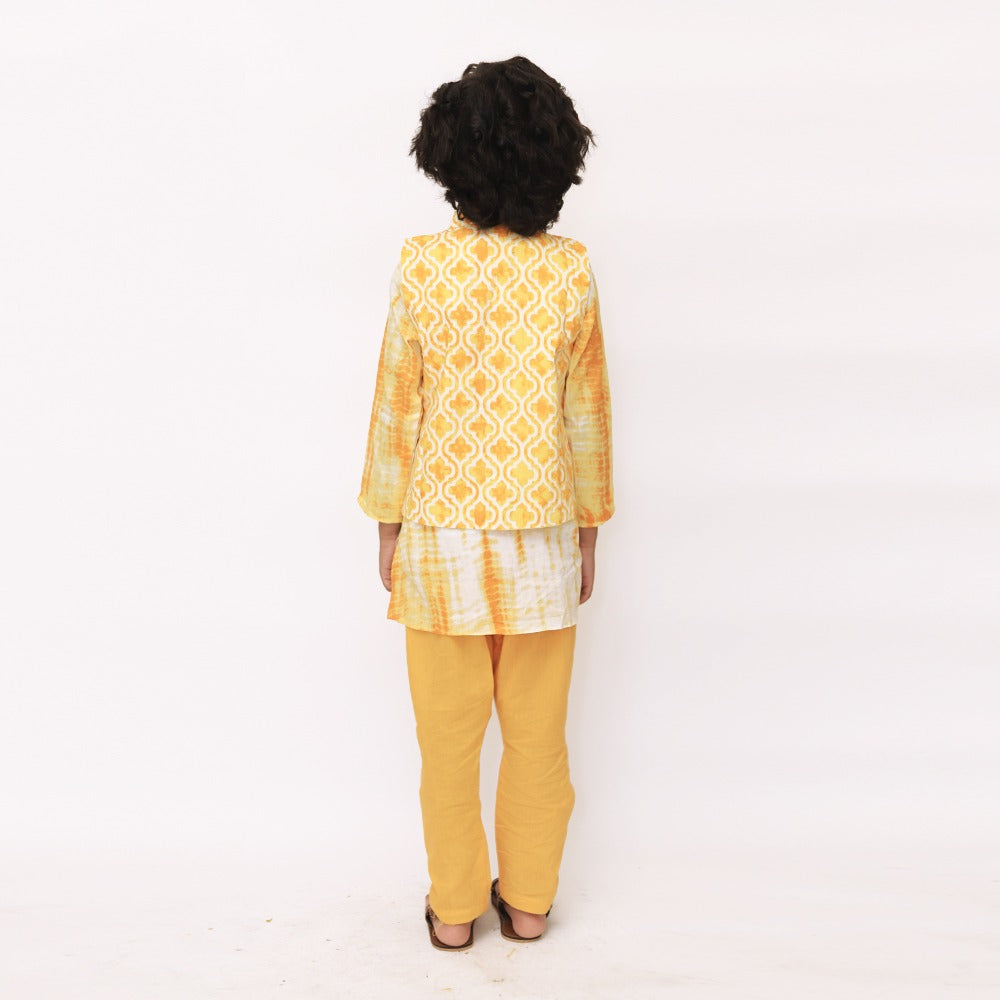 Yellow Tie-dye Cotton Kurta pajama with Nehru Jacket