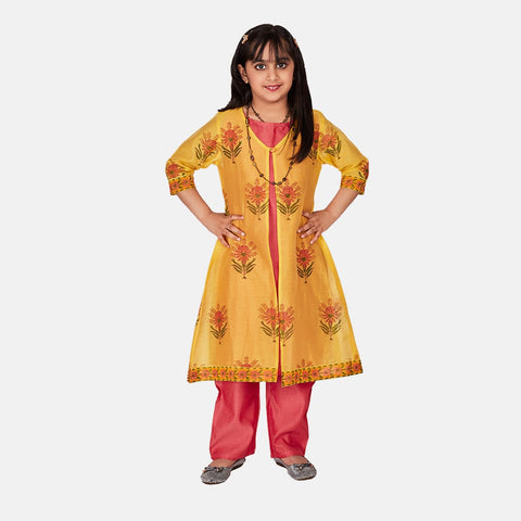 Chanderi Three Piece Kurta Set, Yellow & Carrot Red