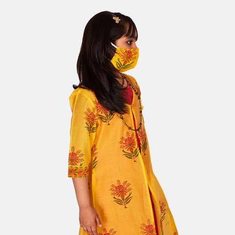 Chanderi Three Piece Kurta Set, Yellow & Carrot Red