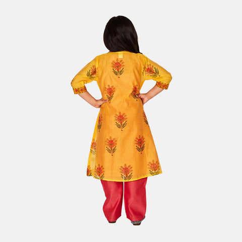 Chanderi Three Piece Kurta Set, Yellow & Carrot Red