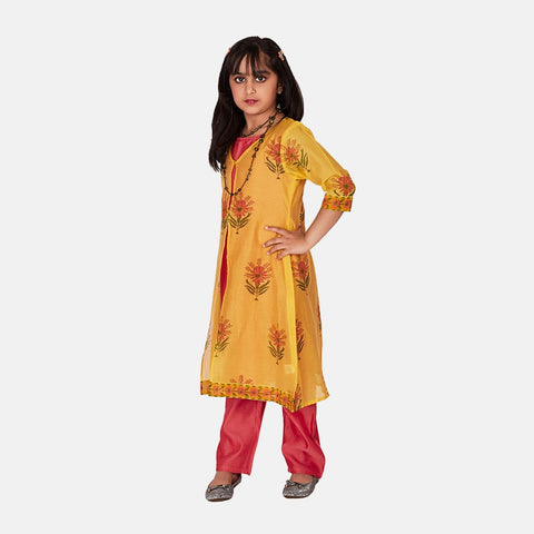 Chanderi Three Piece Kurta Set, Yellow & Carrot Red