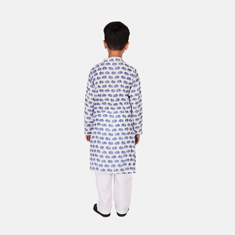 Mulmul Cotton Kurta Pajama Set, White Blue