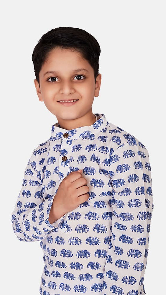 Mulmul Cotton Kurta Pajama Set, White Blue