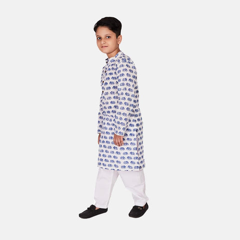 Mulmul Cotton Kurta Pajama Set, White Blue