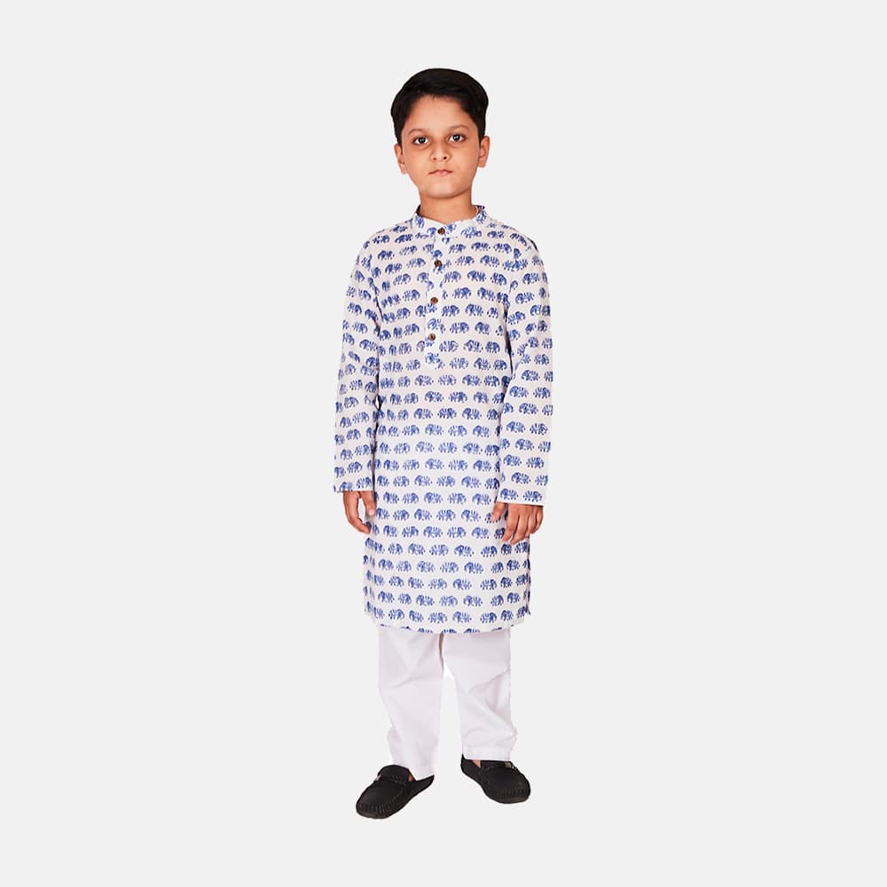 Mulmul Cotton Kurta Pajama Set, White Blue