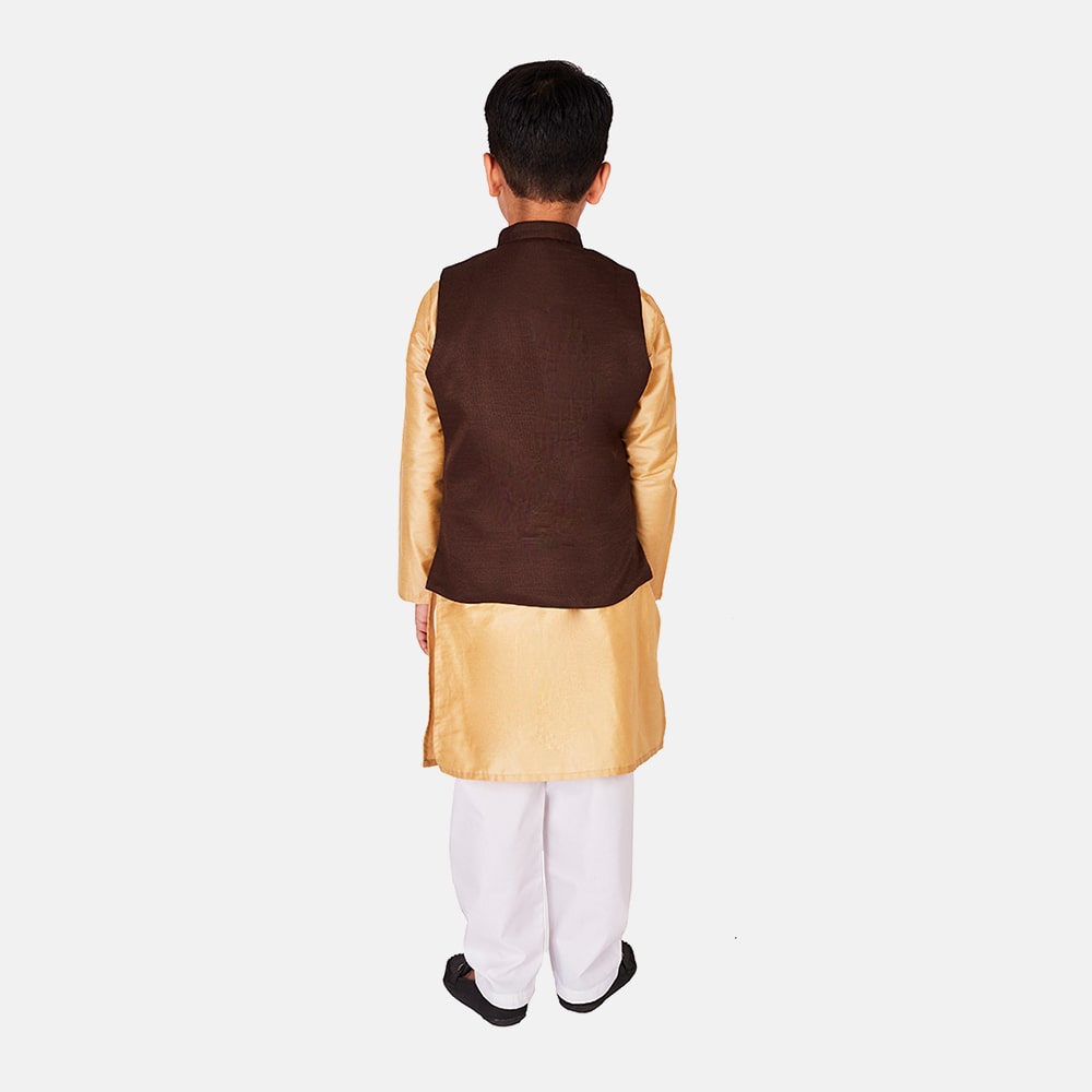 Cotton Silk Kurta Pajama with Nehru Jacket, Cream, Brown & White