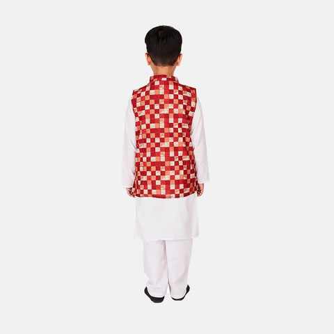 Cotton Kurta Pajama with Nehru Jacket, Red & White