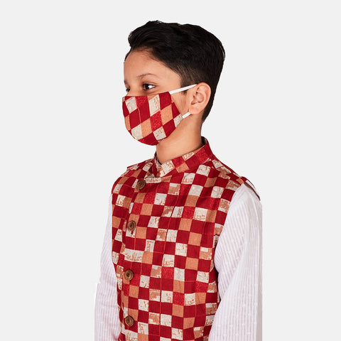 Cotton Kurta Pajama with Nehru Jacket, Red & White