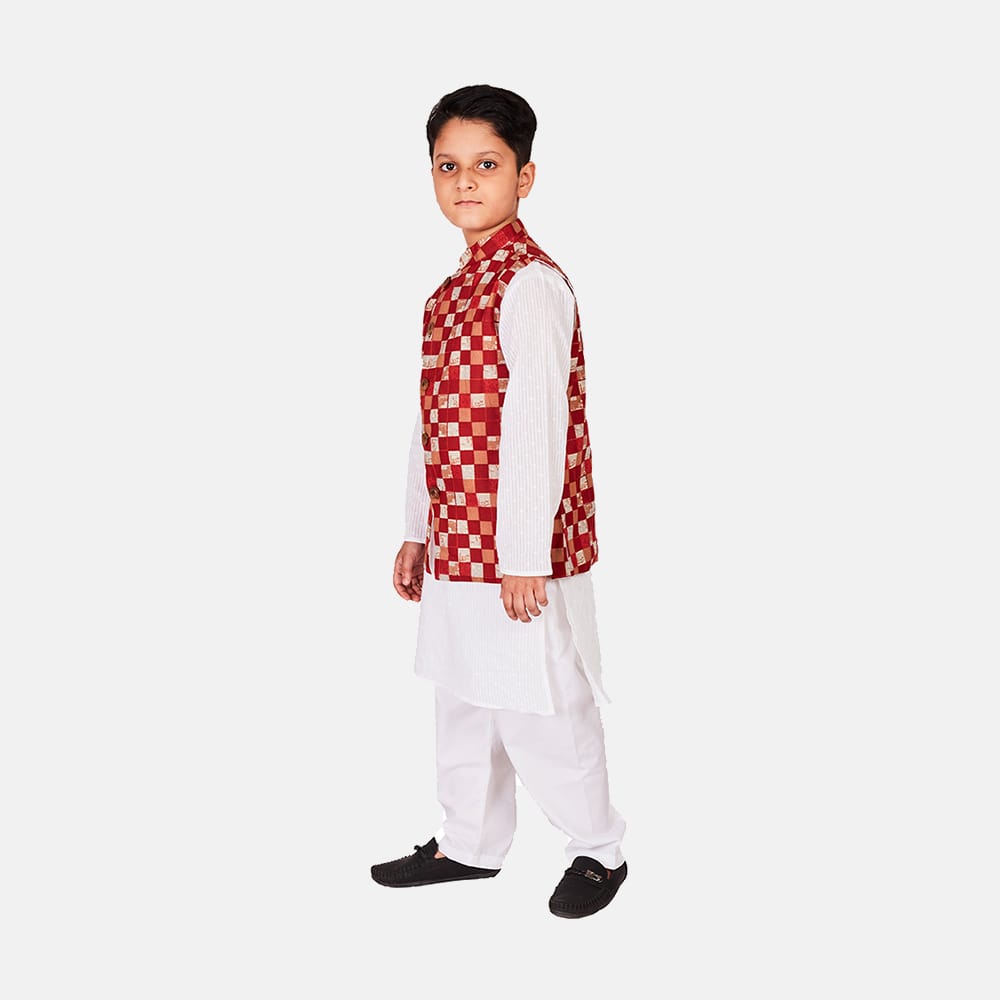 Cotton Kurta Pajama with Nehru Jacket, Red & White