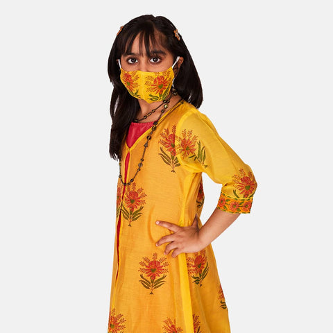 Chanderi Three Piece Kurta Set, Yellow & Carrot Red