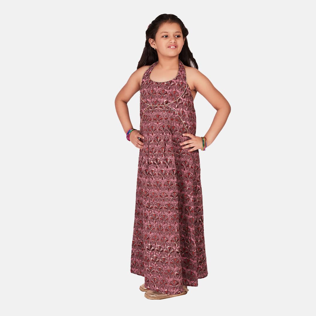 Cotton Kalamkari Printed long Dress, Purple Print