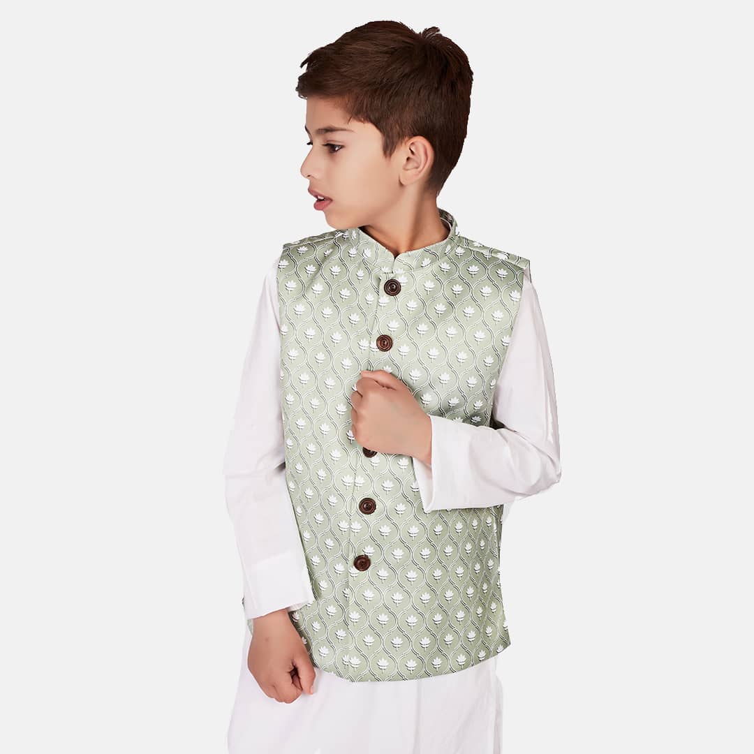 Cotton Kurta Pajama with Nehru Jacket White & Light Green