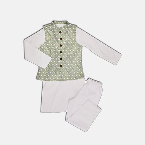 Cotton Kurta Pajama with Nehru Jacket White & Light Green