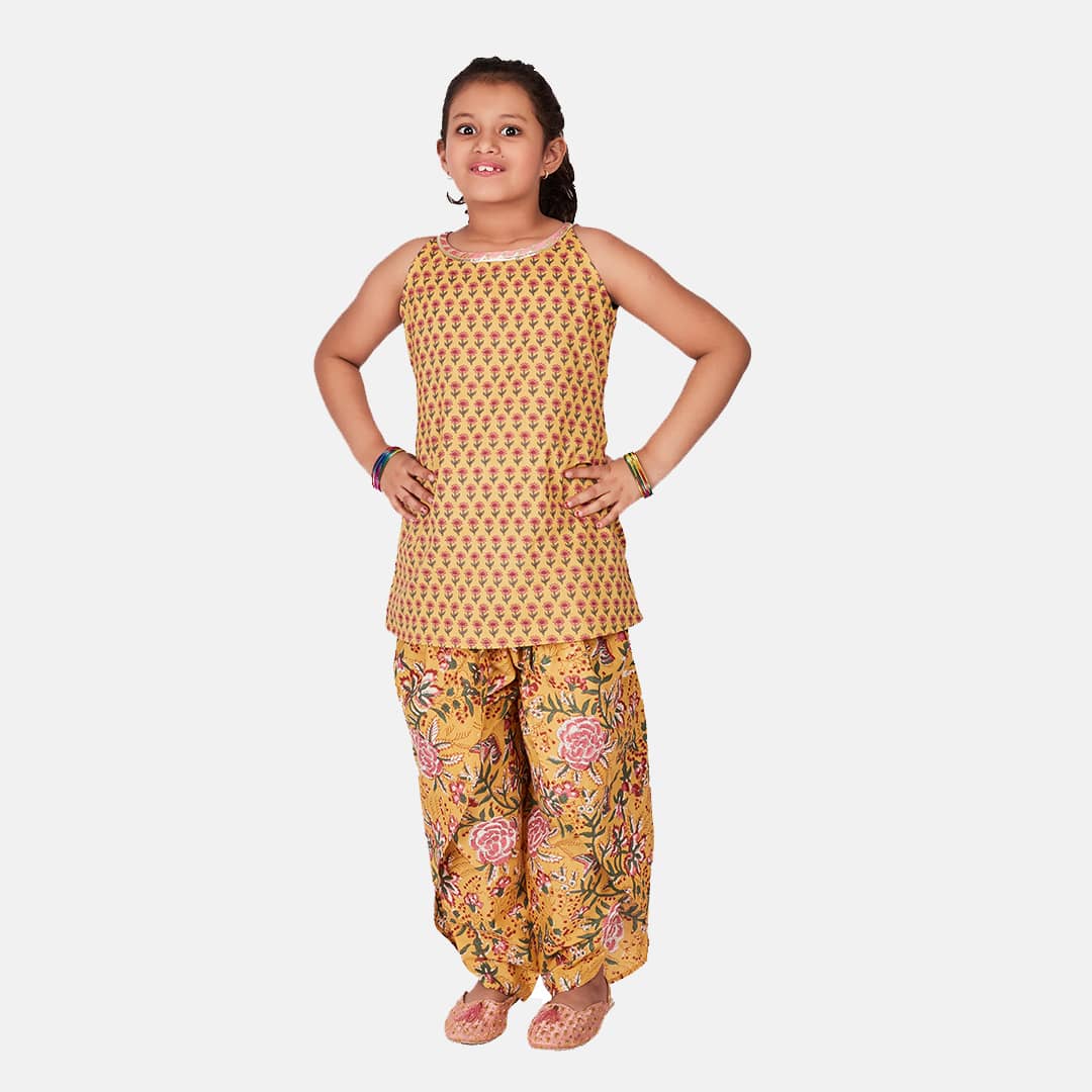 Cotton Printed Kurta with Tulip Pants and Dupatta, Yellow & Pink