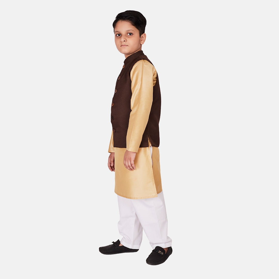 Cotton Silk Kurta Pajama with Nehru Jacket, Cream, Brown & White