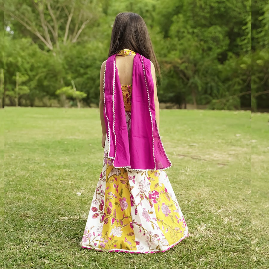 Yellow Cotton Printed Lehenga Choli set with pink Dupatta set