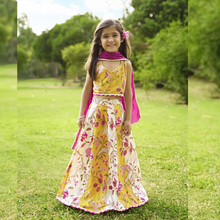 Yellow Cotton Printed Lehenga Choli set with pink Dupatta set