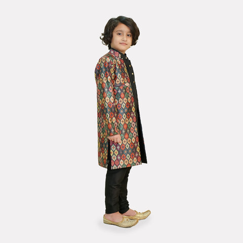 Black multicolor jacket with cotton silk kurta pajama set